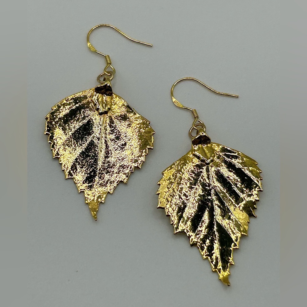 Gilded Birch Leaf Gold Plated Earrings - Large Cottagecore Jewelry, Plant Dangle